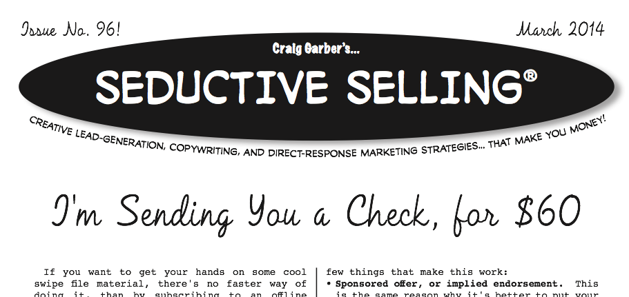 Seductive Selling Newsletter: I’m Sending You a Check, for $60